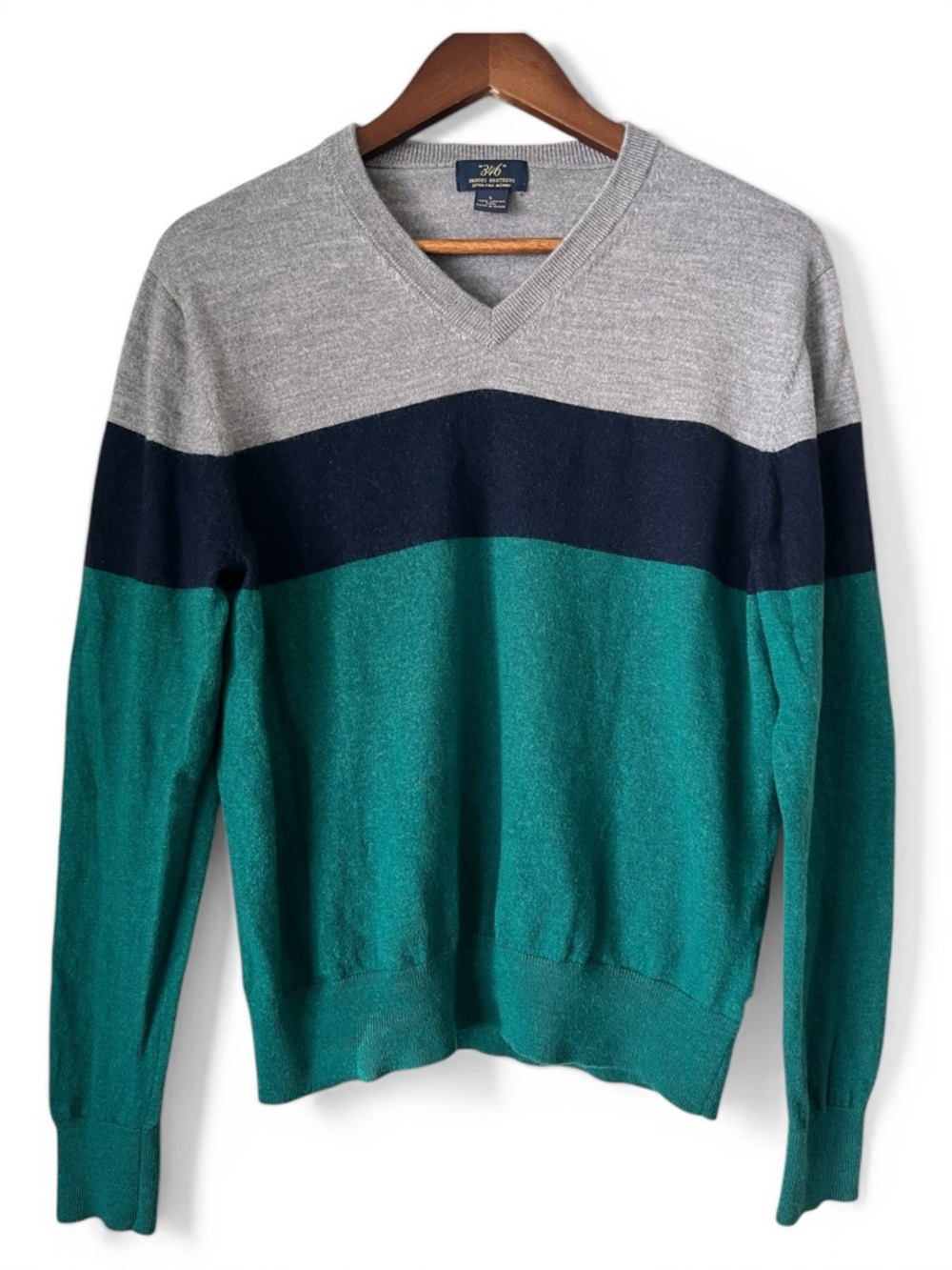 Brooks Brothers Colorblock Wool V-Neck Sweater Men's L Gray Blue Green Pullover